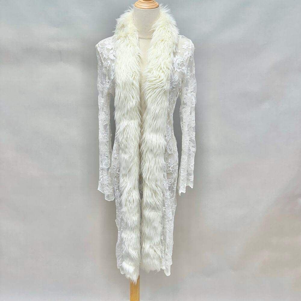 Vintage Y2k Moda International White Lace Duster Faux Fur Trim Sz XS Penny Lane - Picture 2 of 15